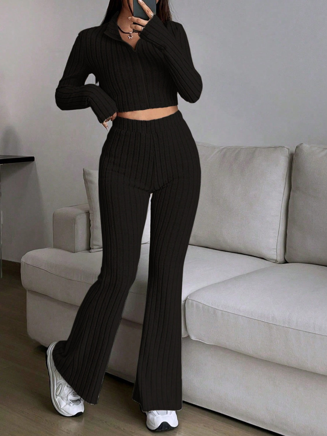 Zip Up Long Sleeve Top and Pants Set Trendsi