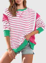 Slit Exposed Seam Striped Long Sleeve Sweatshirt Trendsi