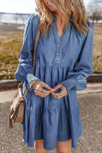 Tiered Johnny Collar Long Sleeve Denim Dress Trendsi