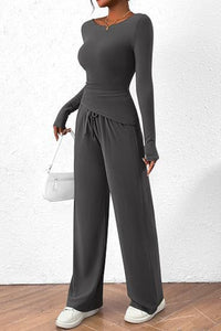 Round Neck Long Sleeve Top and Pants Set Trendsi