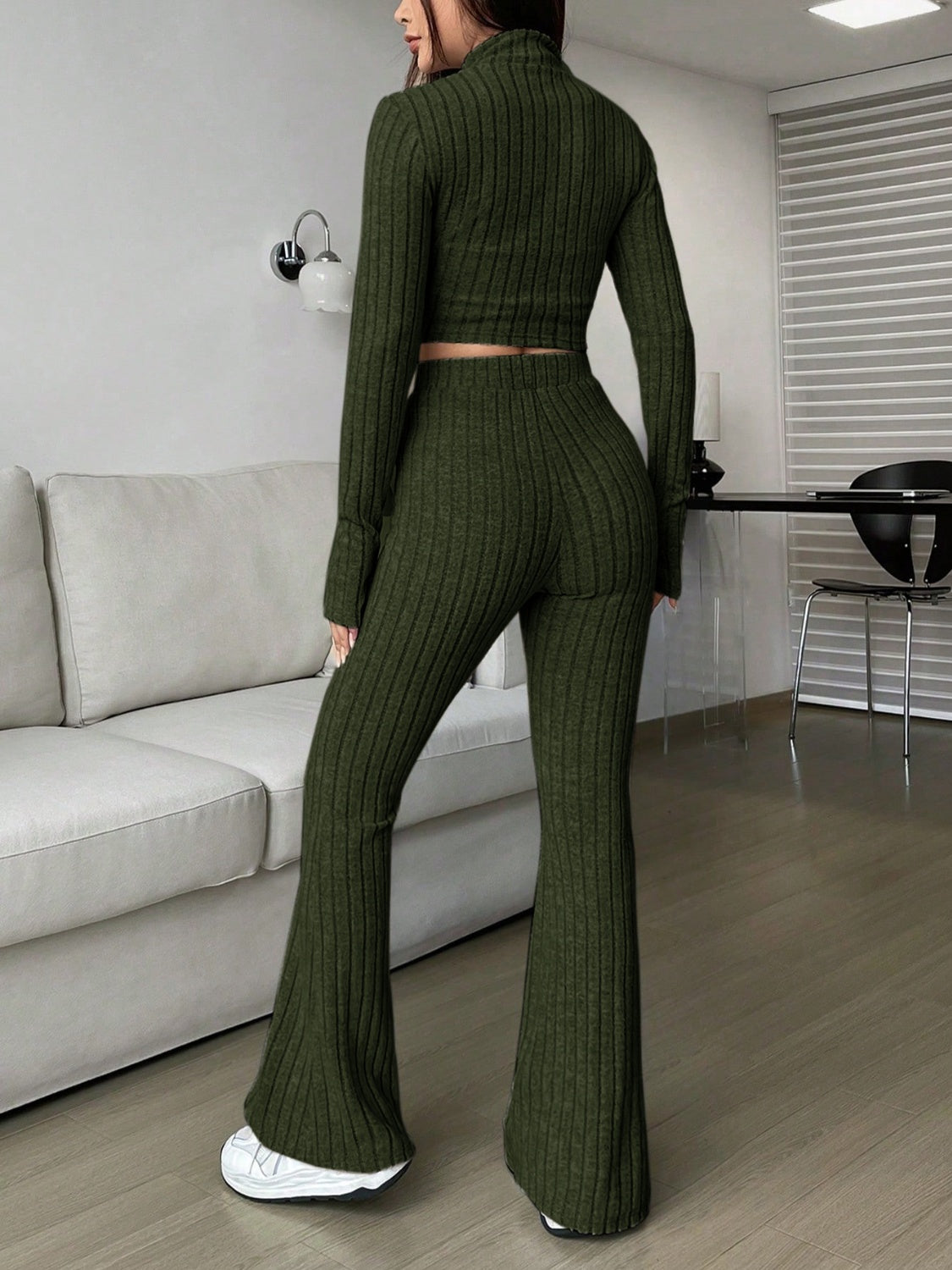 Zip Up Long Sleeve Top and Pants Set Trendsi