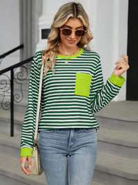 Pocketed Striped Round Neck Long Sleeve T-Shirt Trendsi