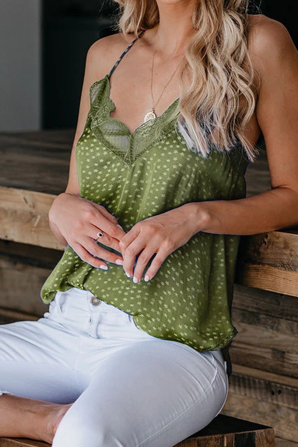 Spaghetti Strap Printed Lace Tank Top Jade