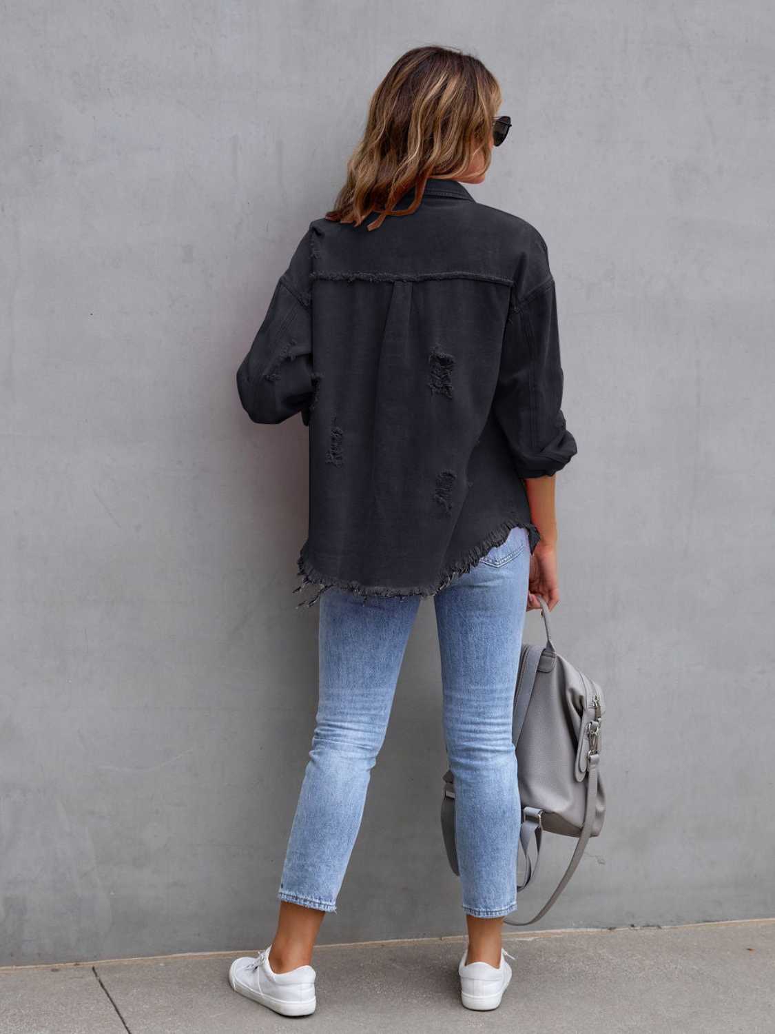 Distressed Drop Shoulder Denim Jacket Trendsi