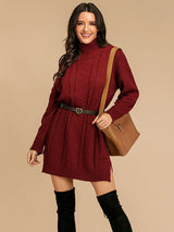 Perfee Slit Turtleneck Long Sleeve Mini Sweater Dress Trendsi