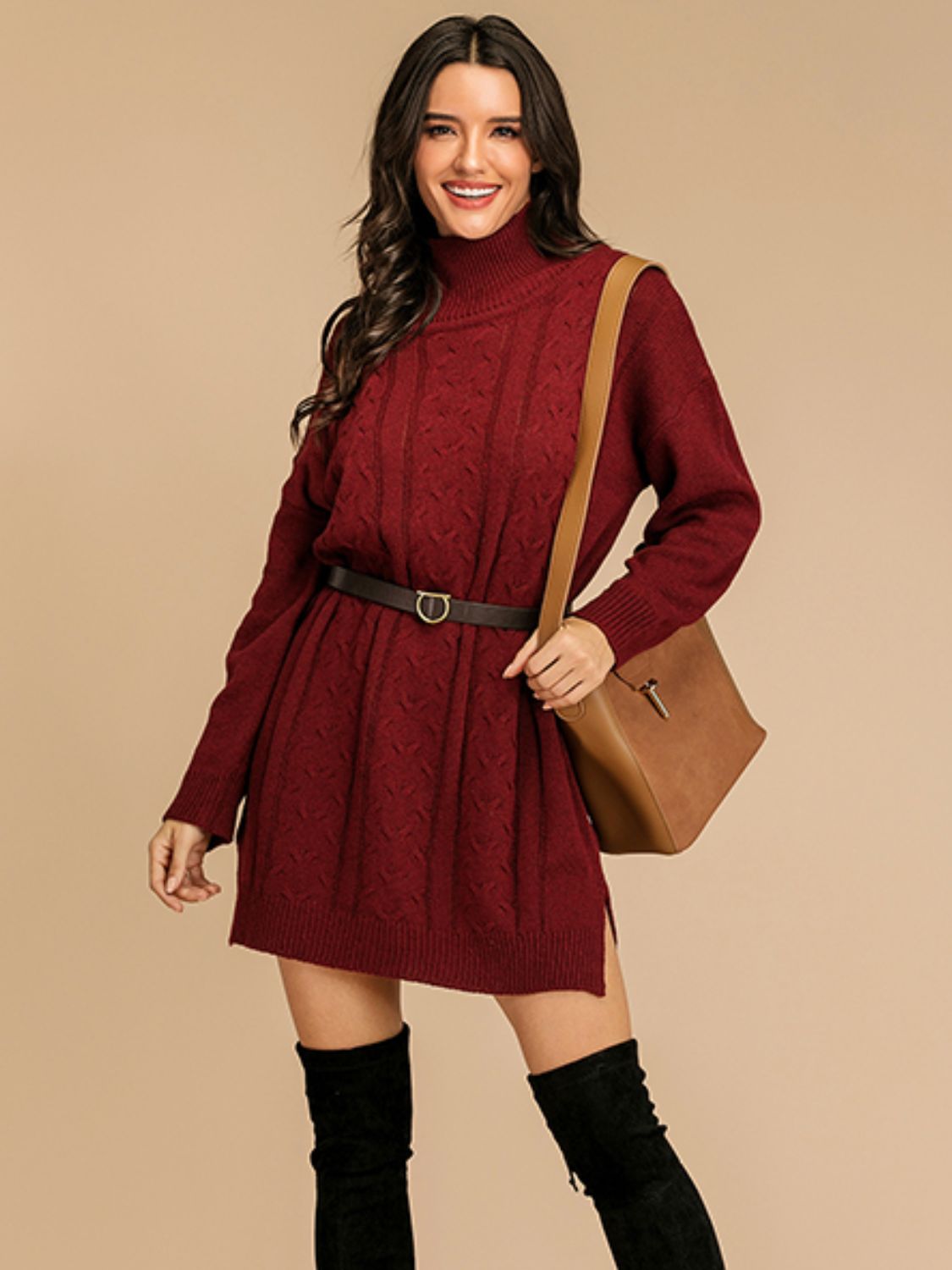 Perfee Slit Turtleneck Long Sleeve Mini Sweater Dress Trendsi