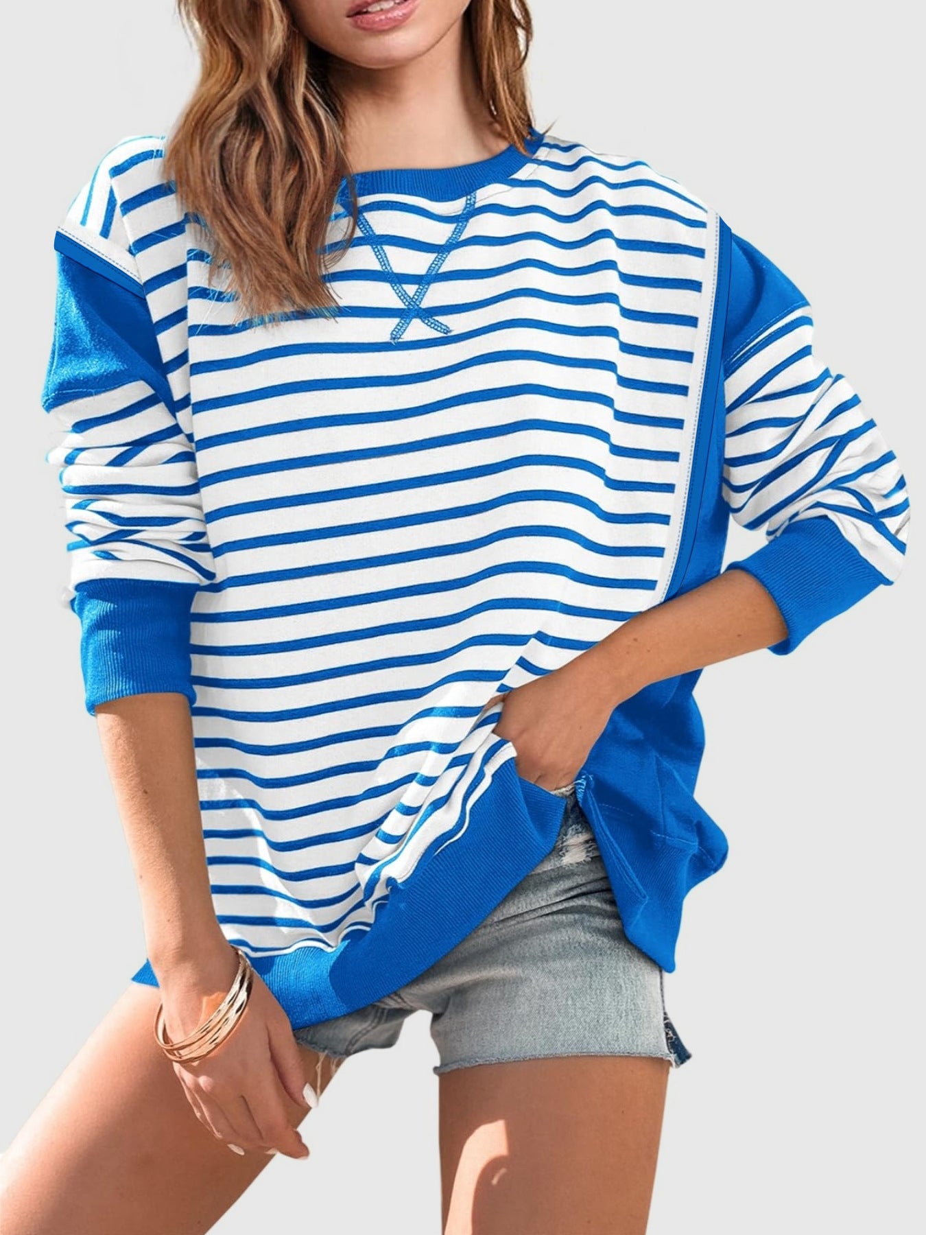 Slit Exposed Seam Striped Long Sleeve Sweatshirt Trendsi