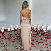 Sexy One-shoulder Backless Slit Dress Summer Elegant Slim-fit Solid Color Satin Dresses For Women InSpaceX Fashion