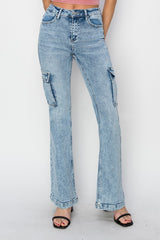 RISEN Full Size High Rise Cargo Flare Jeans Trendsi