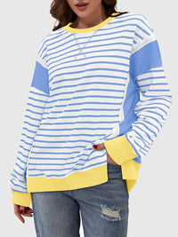 Slit Exposed Seam Striped Long Sleeve Sweatshirt Trendsi