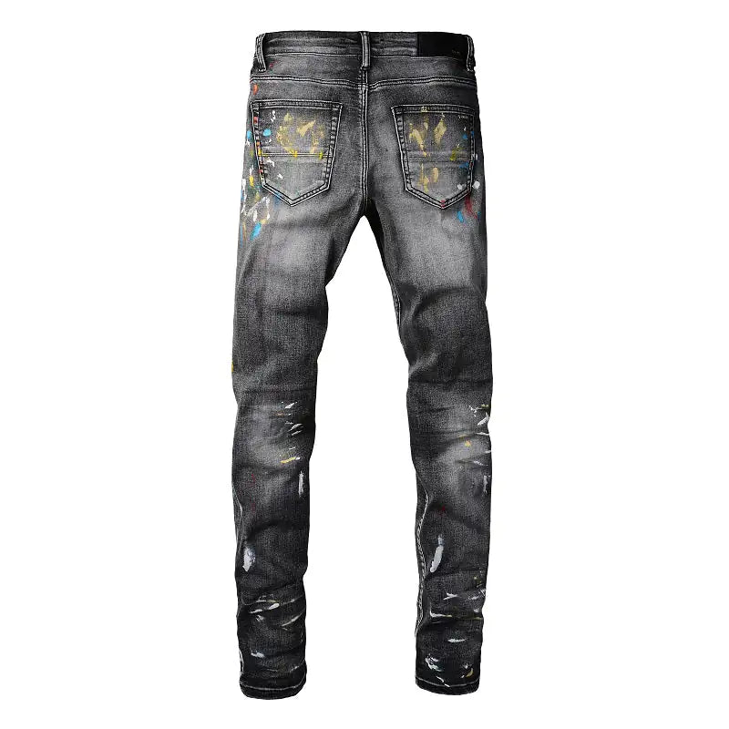 Men Speckle Ink Printed Vintage Pleated Ripped Jeans InSpaceX Fashion