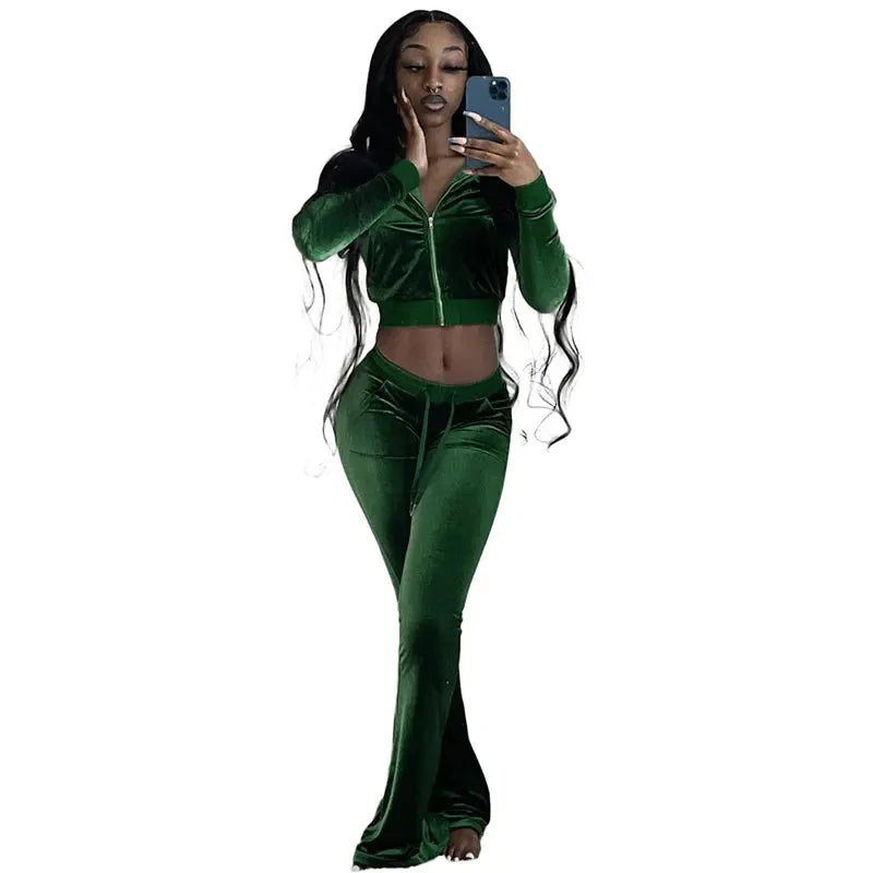 Fall 2022 Solid Velvet Sweatsuit Women Two Piece Sport Suit Zipped Long Sleeve Crop Coat and Bell Bottom Pant Velour Tracksuit-0