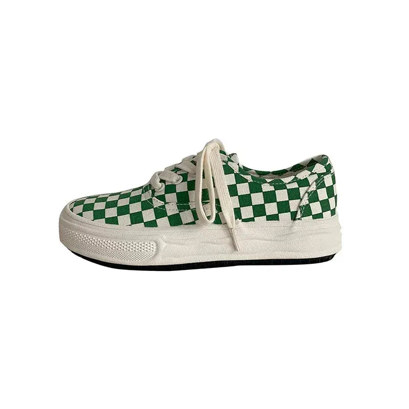 Retro green plaid black and white checkerboard grid all-match casual fashion sneakers-4