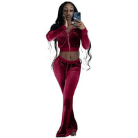 Fall 2022 Solid Velvet Sweatsuit Women Two Piece Sport Suit Zipped Long Sleeve Crop Coat and Bell Bottom Pant Velour Tracksuit-13