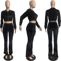 Fall 2022 Solid Velvet Sweatsuit Women Two Piece Sport Suit Zipped Long Sleeve Crop Coat and Bell Bottom Pant Velour Tracksuit-5