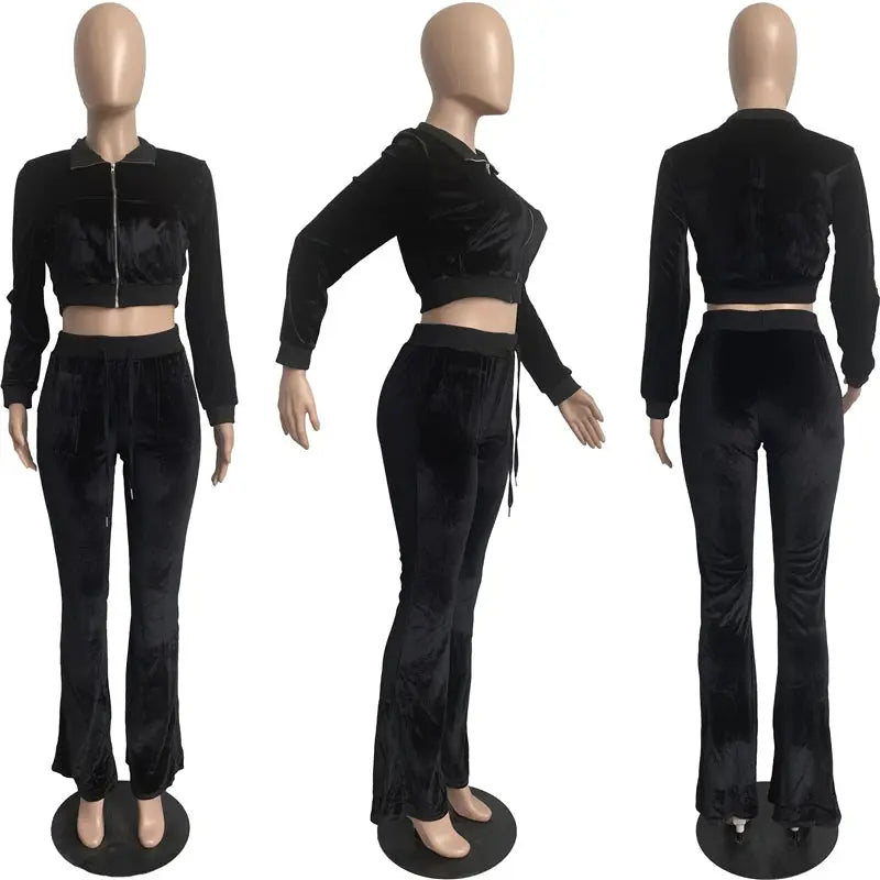 Fall 2022 Solid Velvet Sweatsuit Women Two Piece Sport Suit Zipped Long Sleeve Crop Coat and Bell Bottom Pant Velour Tracksuit-5