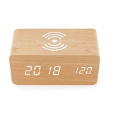 Best gift promotional desk & table clock digital clock wireless charger Phone 5W 10W QI wireless charging wooden LED alarm clock-9