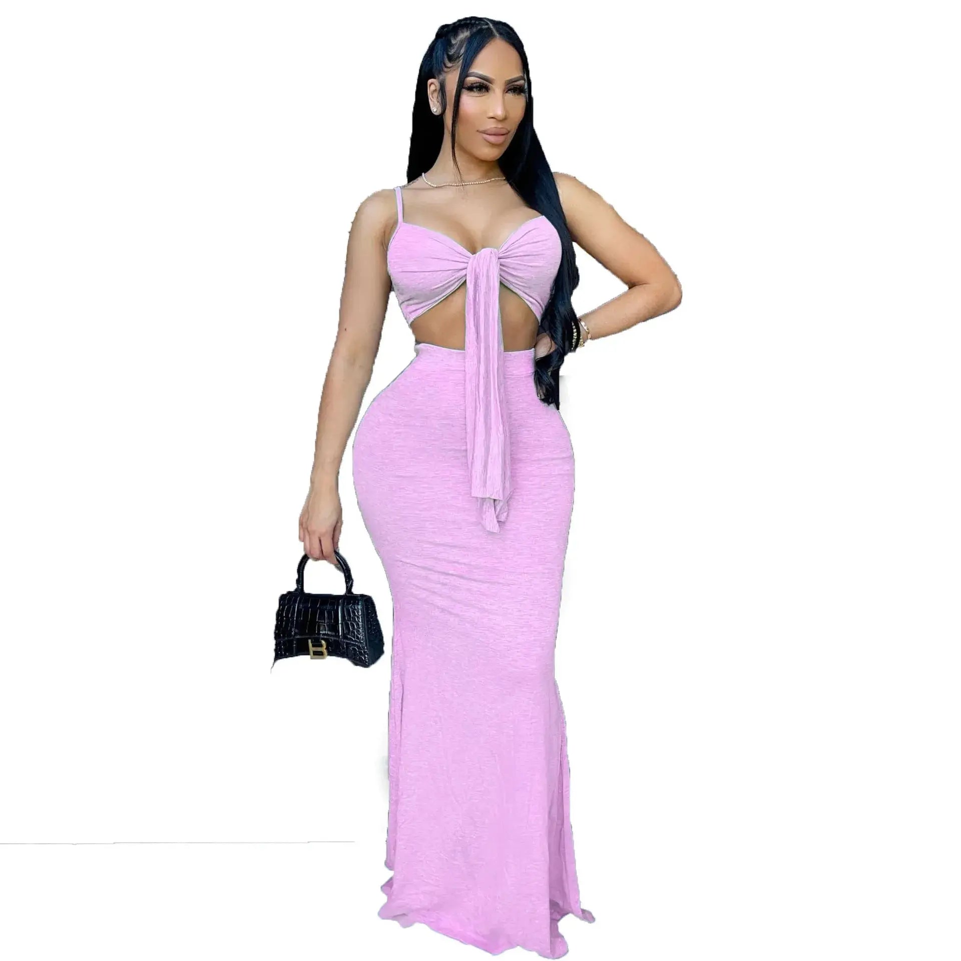 New arrivals  Bow Crop Top Long Bodycon Summer Dress 2021 Women Dresses Sexy 2pc sets for women women's sets with patchwork-0