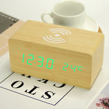 Best gift promotional desk & table clock digital clock wireless charger Phone 5W 10W QI wireless charging wooden LED alarm clock-3