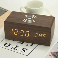 Best gift promotional desk & table clock digital clock wireless charger Phone 5W 10W QI wireless charging wooden LED alarm clock-7