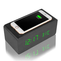 Best gift promotional desk & table clock digital clock wireless charger Phone 5W 10W QI wireless charging wooden LED alarm clock-0