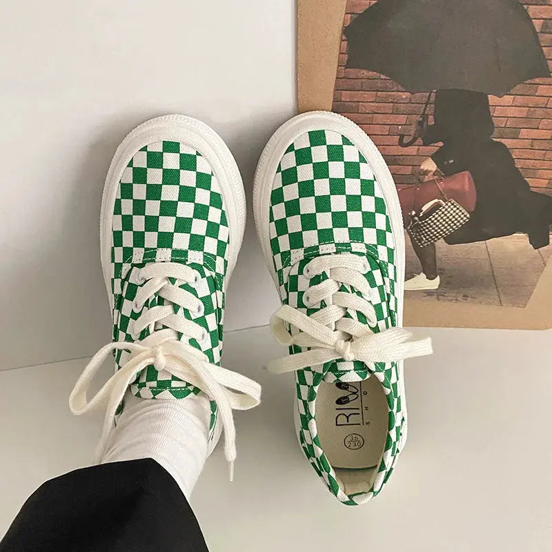 Retro green plaid black and white checkerboard grid all-match casual fashion sneakers-7