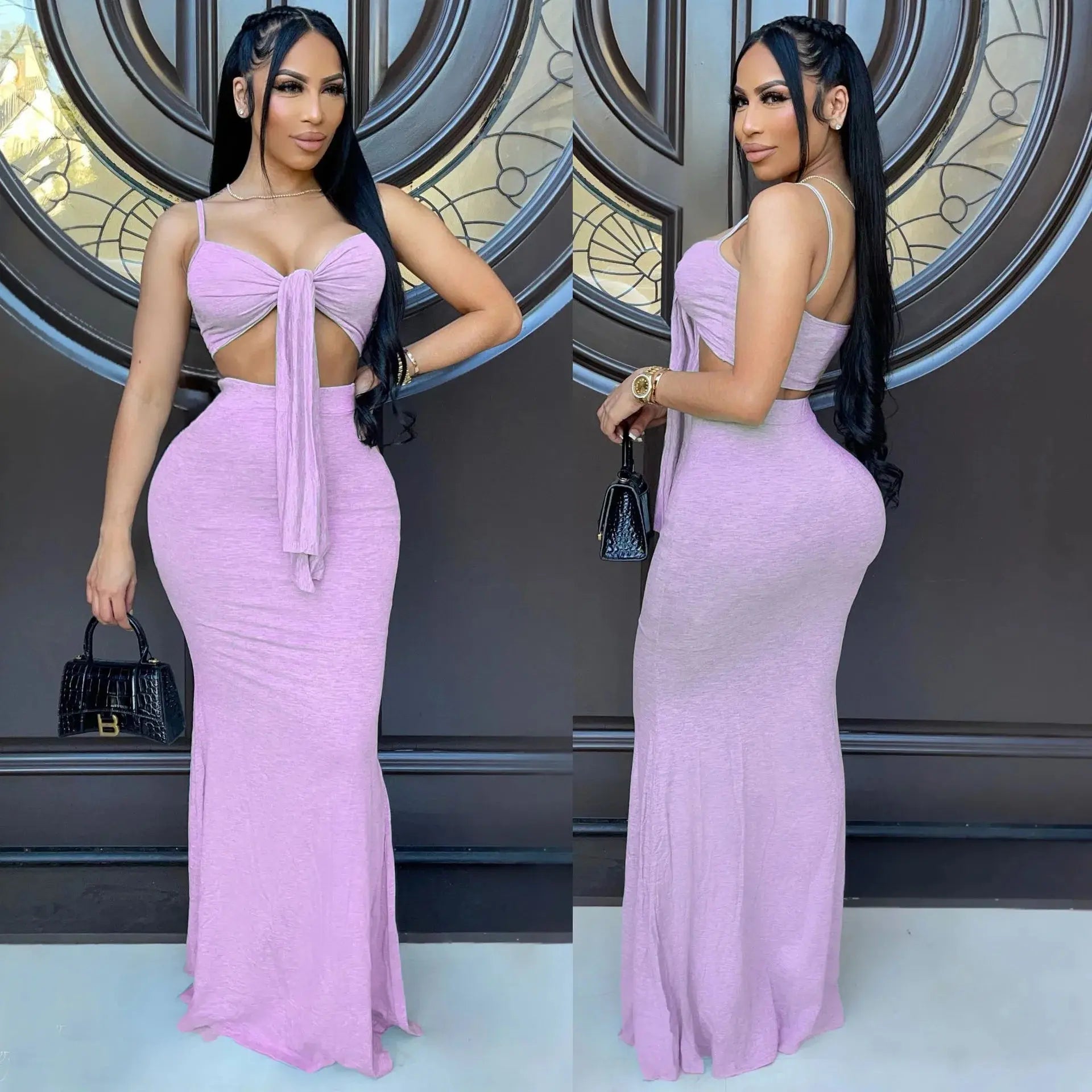 New arrivals  Bow Crop Top Long Bodycon Summer Dress 2021 Women Dresses Sexy 2pc sets for women women's sets with patchwork-3