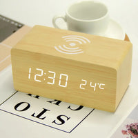 Best gift promotional desk & table clock digital clock wireless charger Phone 5W 10W QI wireless charging wooden LED alarm clock-8