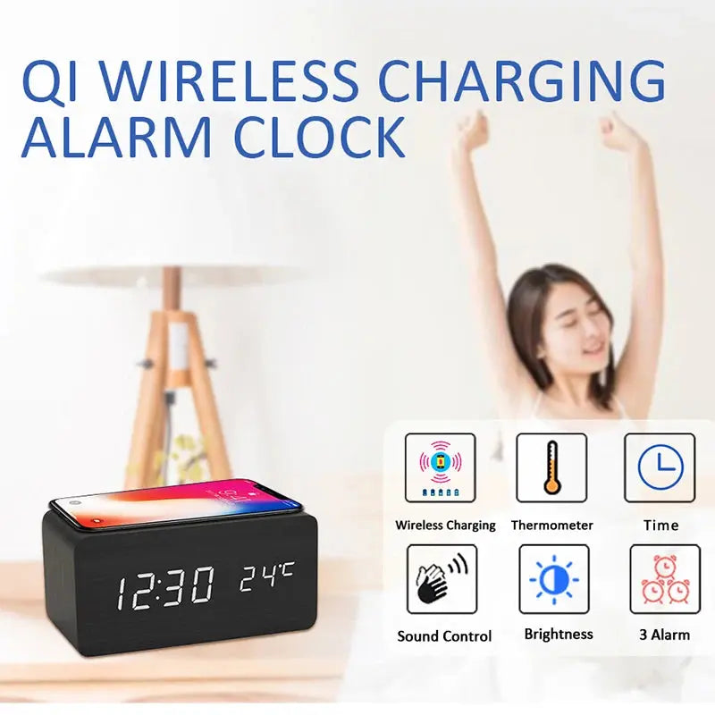 Best gift promotional desk & table clock digital clock wireless charger Phone 5W 10W QI wireless charging wooden LED alarm clock-1