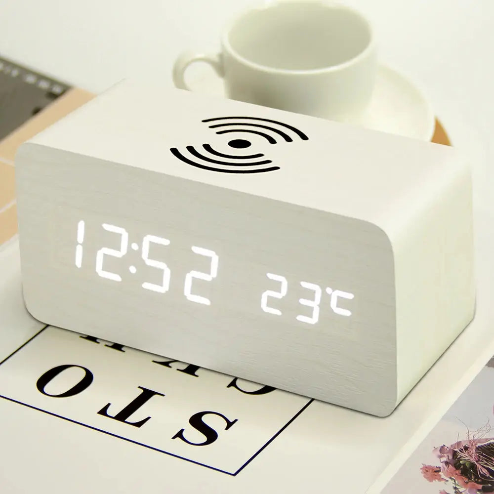 Best gift promotional desk & table clock digital clock wireless charger Phone 5W 10W QI wireless charging wooden LED alarm clock-10