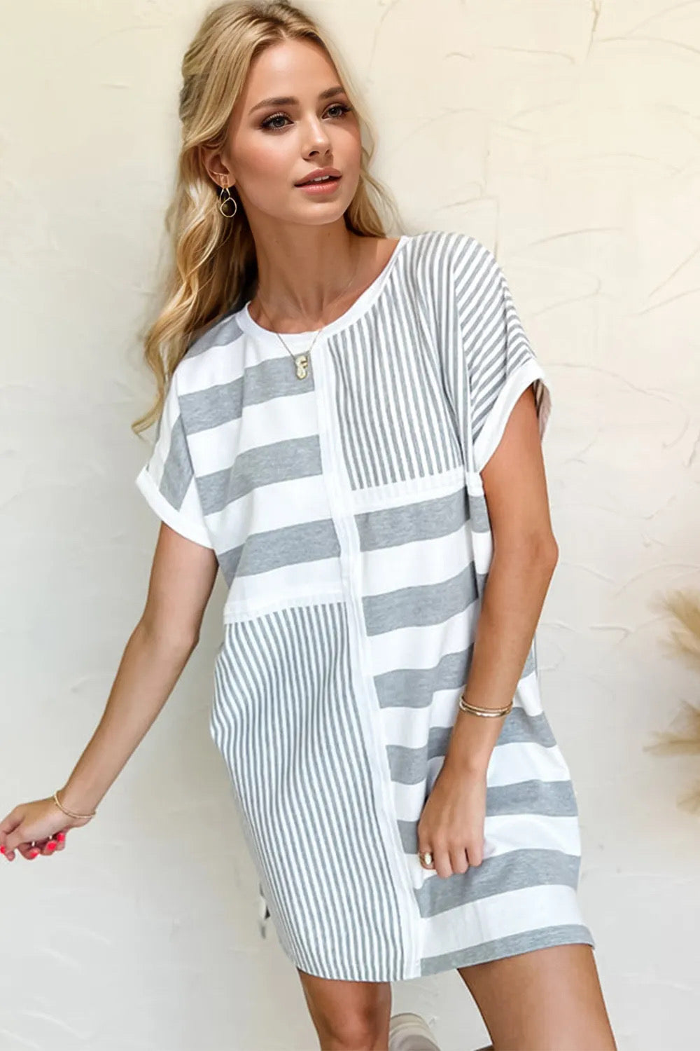 OH Striped Round Neck Short Sleeve Mini Tee Dress Trendsi