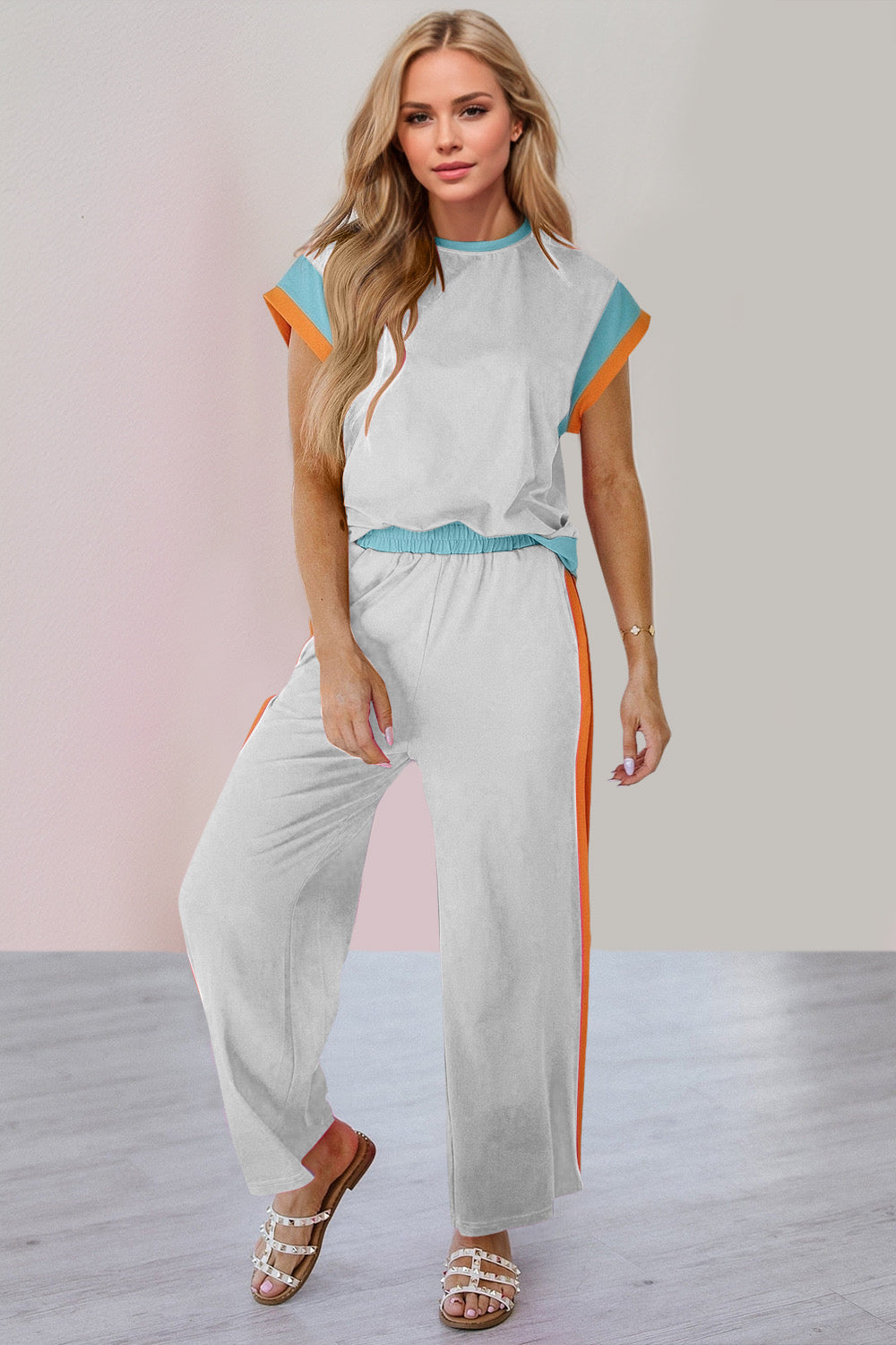 OH Contrast Round Neck Cap Sleeve Top and Wide Leg Pants Set Trendsi