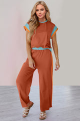 OH Contrast Round Neck Cap Sleeve Top and Wide Leg Pants Set Trendsi