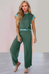 OH Contrast Round Neck Cap Sleeve Top and Wide Leg Pants Set Trendsi