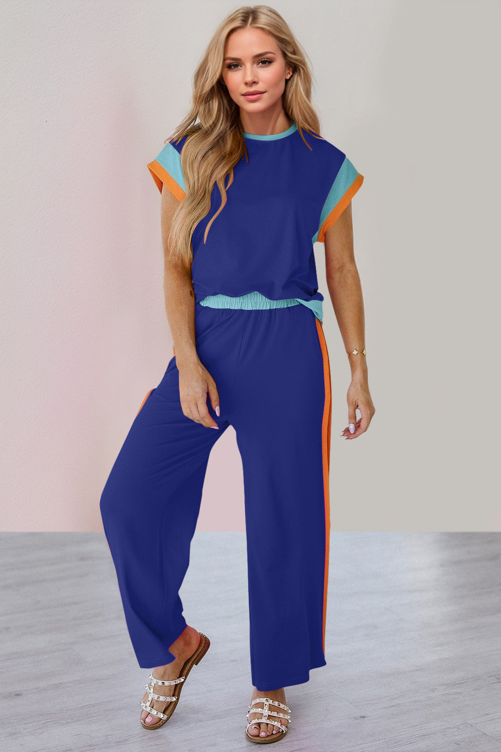 OH Contrast Round Neck Cap Sleeve Top and Wide Leg Pants Set Trendsi