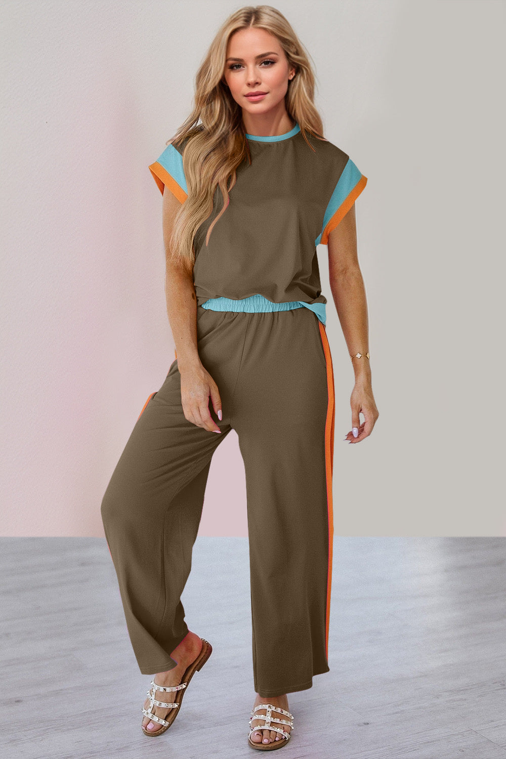 OH Contrast Round Neck Cap Sleeve Top and Wide Leg Pants Set Trendsi