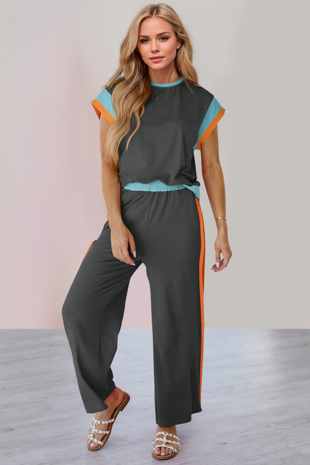 OH Contrast Round Neck Cap Sleeve Top and Wide Leg Pants Set Trendsi