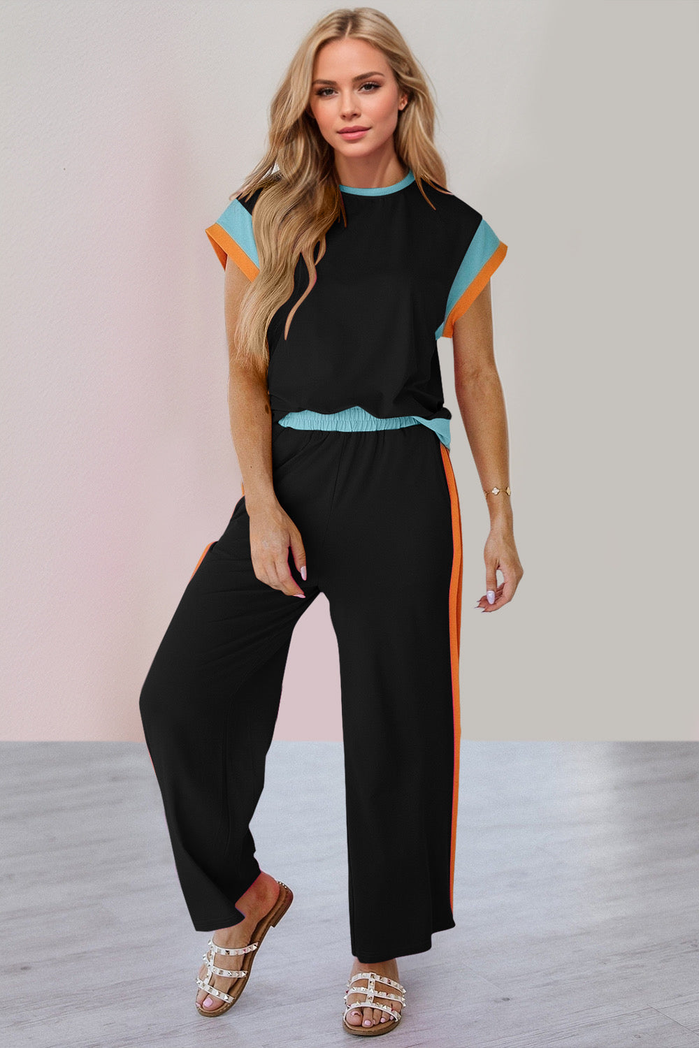 OH Contrast Round Neck Cap Sleeve Top and Wide Leg Pants Set Trendsi