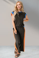 OH Contrast Round Neck Cap Sleeve Top and Wide Leg Pants Set Trendsi