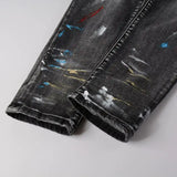 Men Speckle Ink Printed Vintage Pleated Ripped Jeans InSpaceX Fashion