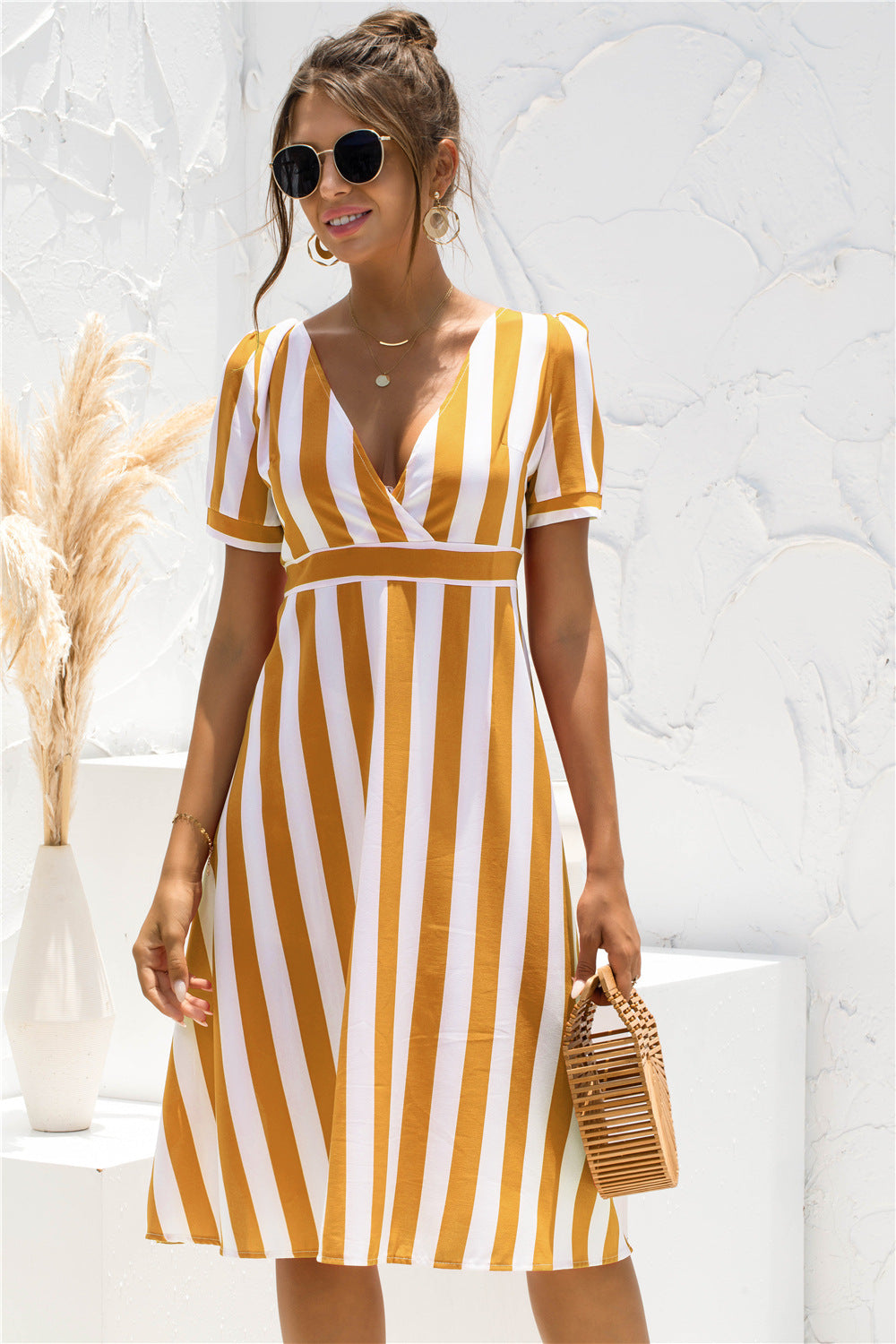 Printed V-neck Striped Short Sleeve Dress InSpaceX Fashion