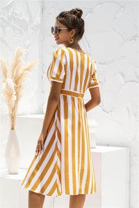 Printed V-neck Striped Short Sleeve Dress InSpaceX Fashion