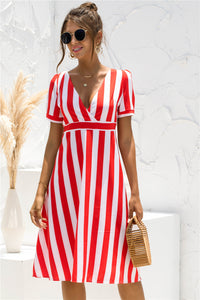 Printed V-neck Striped Short Sleeve Dress InSpaceX Fashion