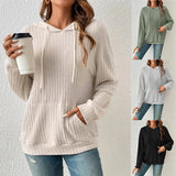 Fashion Drawstring Long-sleeved Hooded Sweatshirt With Pockets Solid Sunken Stripe Hoodie Knitwear Womens Clothing InSpaceX Fashion