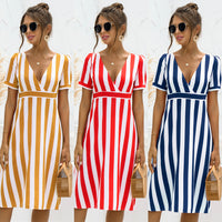 Printed V-neck Striped Short Sleeve Dress InSpaceX Fashion