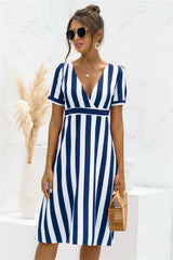 Printed V-neck Striped Short Sleeve Dress InSpaceX Fashion