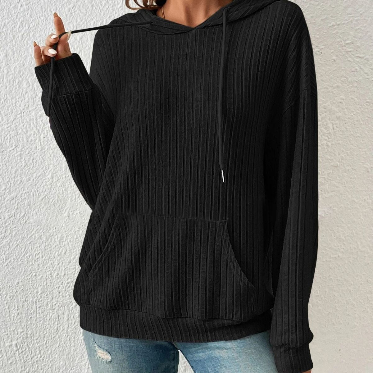 Fashion Drawstring Long-sleeved Hooded Sweatshirt With Pockets Solid Sunken Stripe Hoodie Knitwear Womens Clothing InSpaceX Fashion