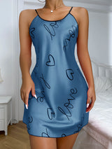 Heart Print Nightdress Elegant Scoop Neck Criss Cross Back Sleep Dress