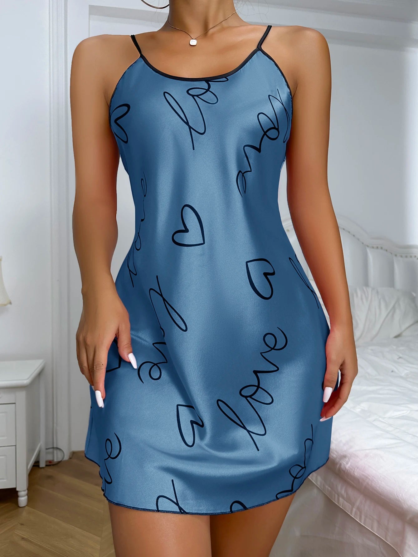 Heart Print Nightdress Elegant Scoop Neck Criss Cross Back Sleep Dress