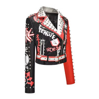 SEVEYFAN Men's Jacket Graffitti Color Contrast Buttonhole PU Leather Punk Rock Jackets Slim Motocycle 3D Outwear Male Female InSpaceX Fashion